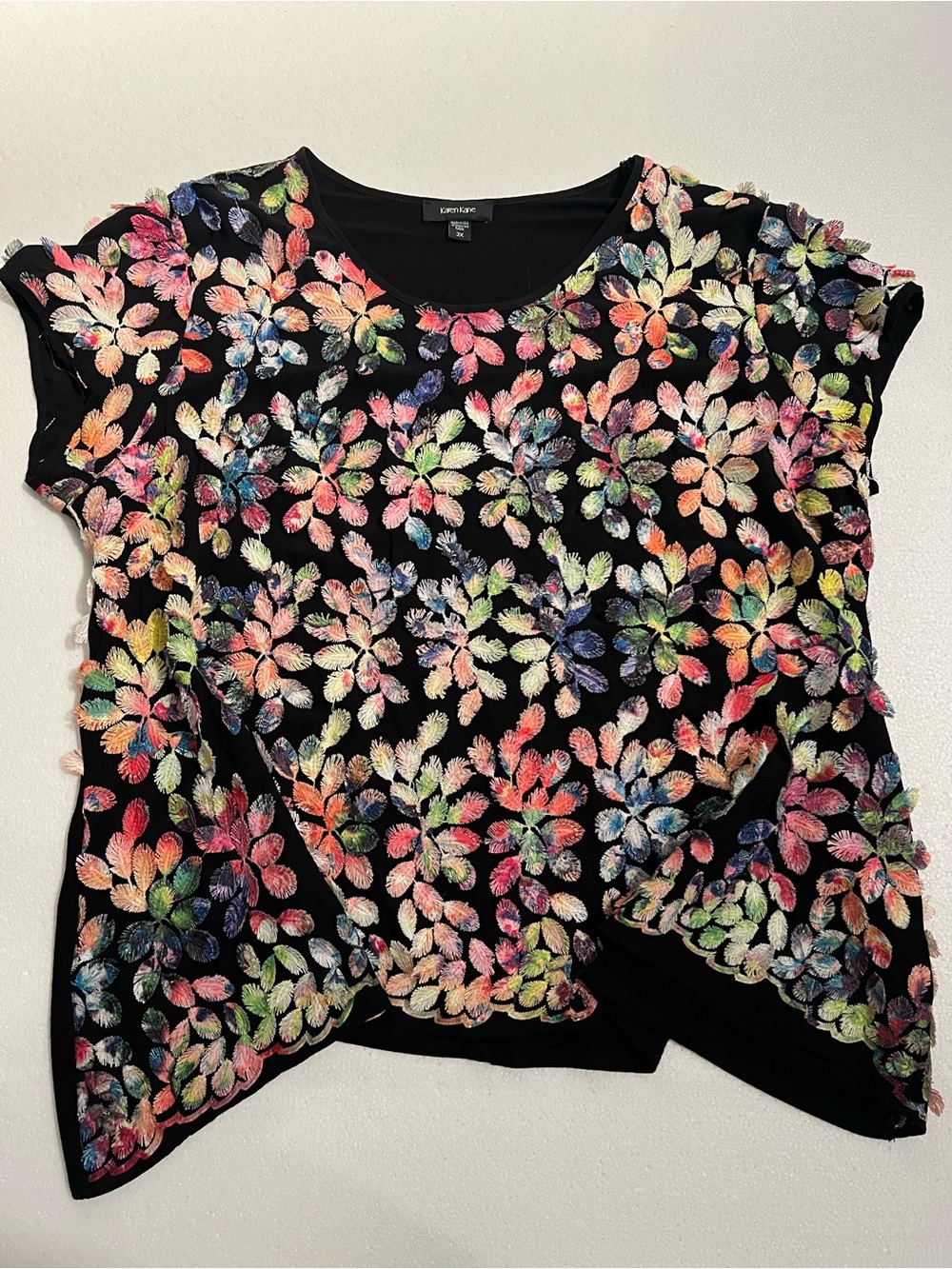 Karen Kane size 3X  Black Short Sleeve Top with Multicolor Floral Embroidery